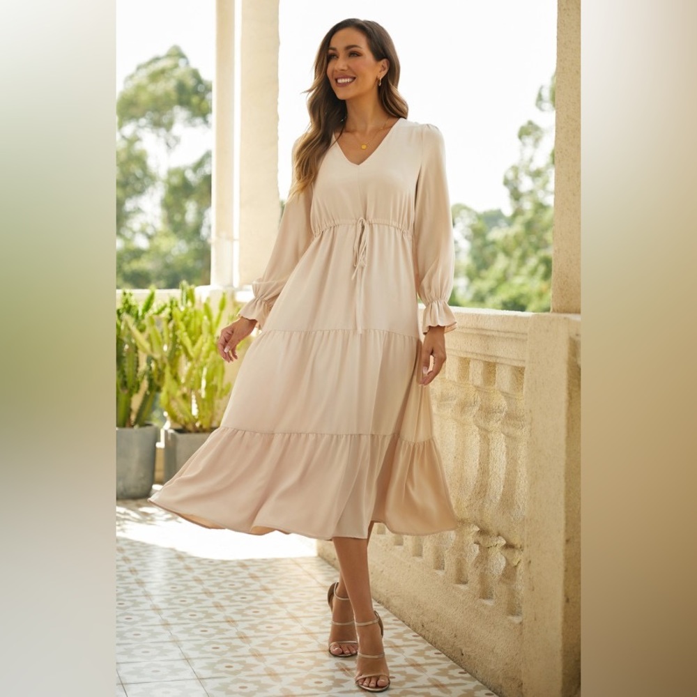 V Neck Long Sleeve Tie Detail Solid Tiered Midi Dress from Cherieday.  Small.